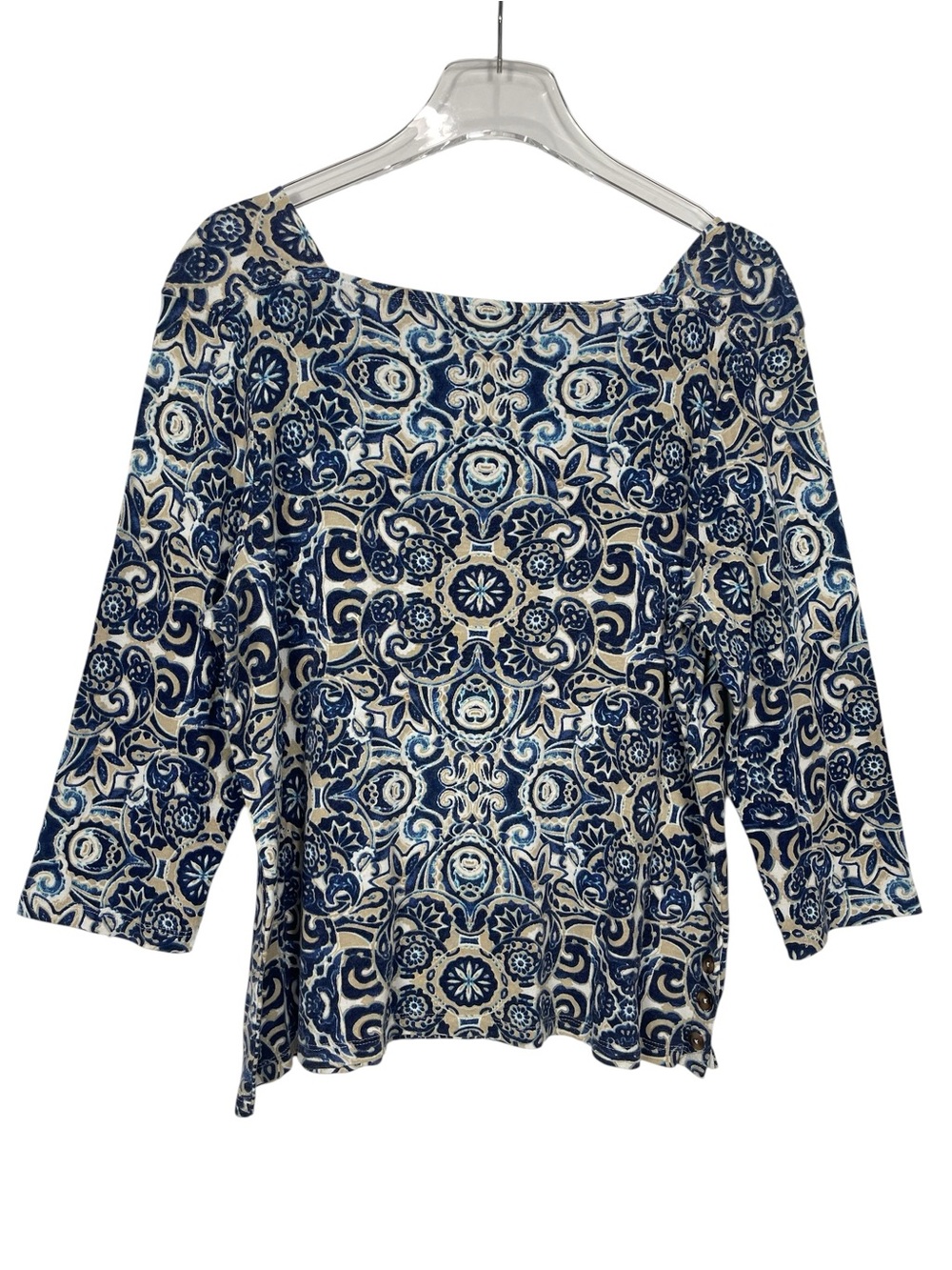 Chico's 100% Cotton Blue Scroll Tee Top Side Button Size XL(3)